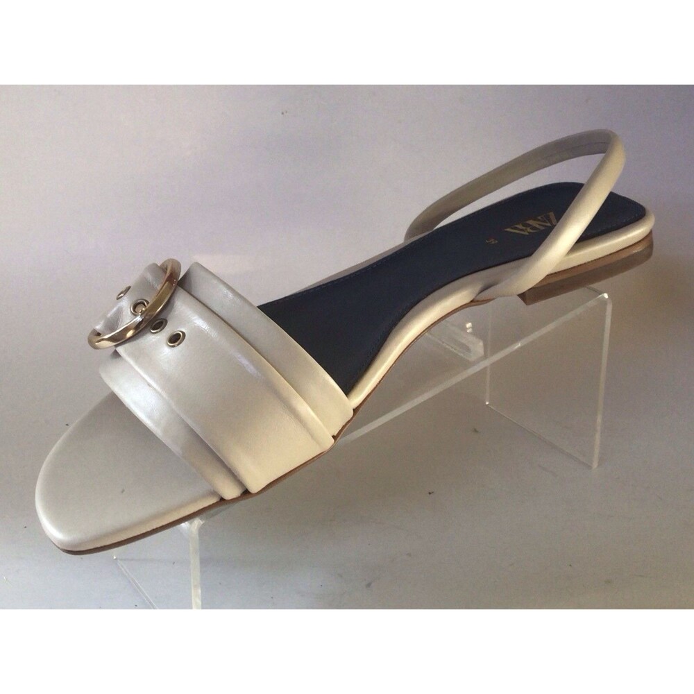 NEW ZARA Leather Blue Label Buckle Detail Flat Sandals, Bone (Size 39/US 8)